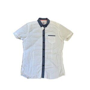 Mens White & Blue Slim Fit Short Sleeve Cotton Shirt With Contrast Collar & Pock